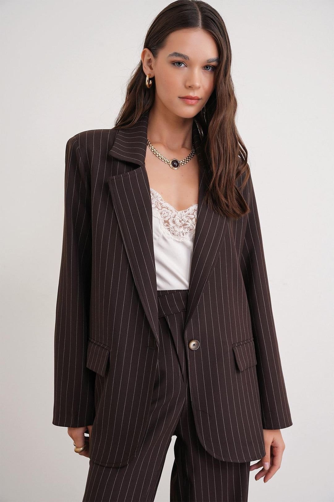 MixRay MixRay Women's Striped Oversize Blazer in Dark Brown - 4