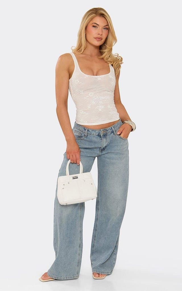 EGO Square Neck Lace Top In White Sheer, Women's Size UK 6 - 2