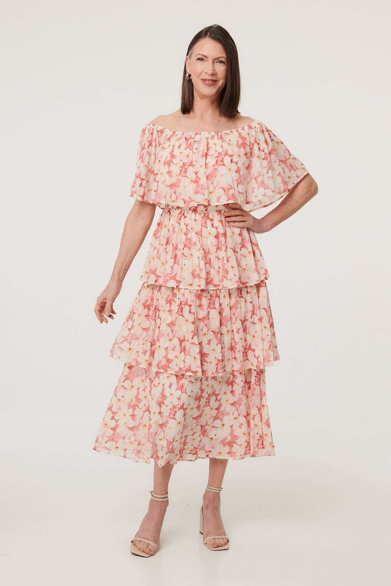 Izabel London Izabel London Women's Floral Texture Tiered Midi Dress in Pink - 2