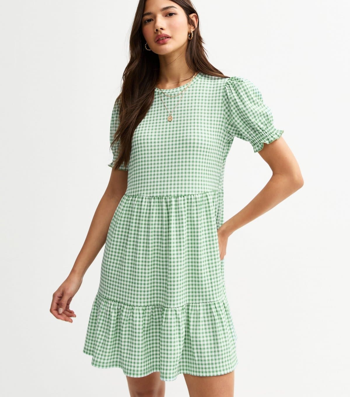 New Look Women's Green Gingham Smock Tiered Mini Dress New Look