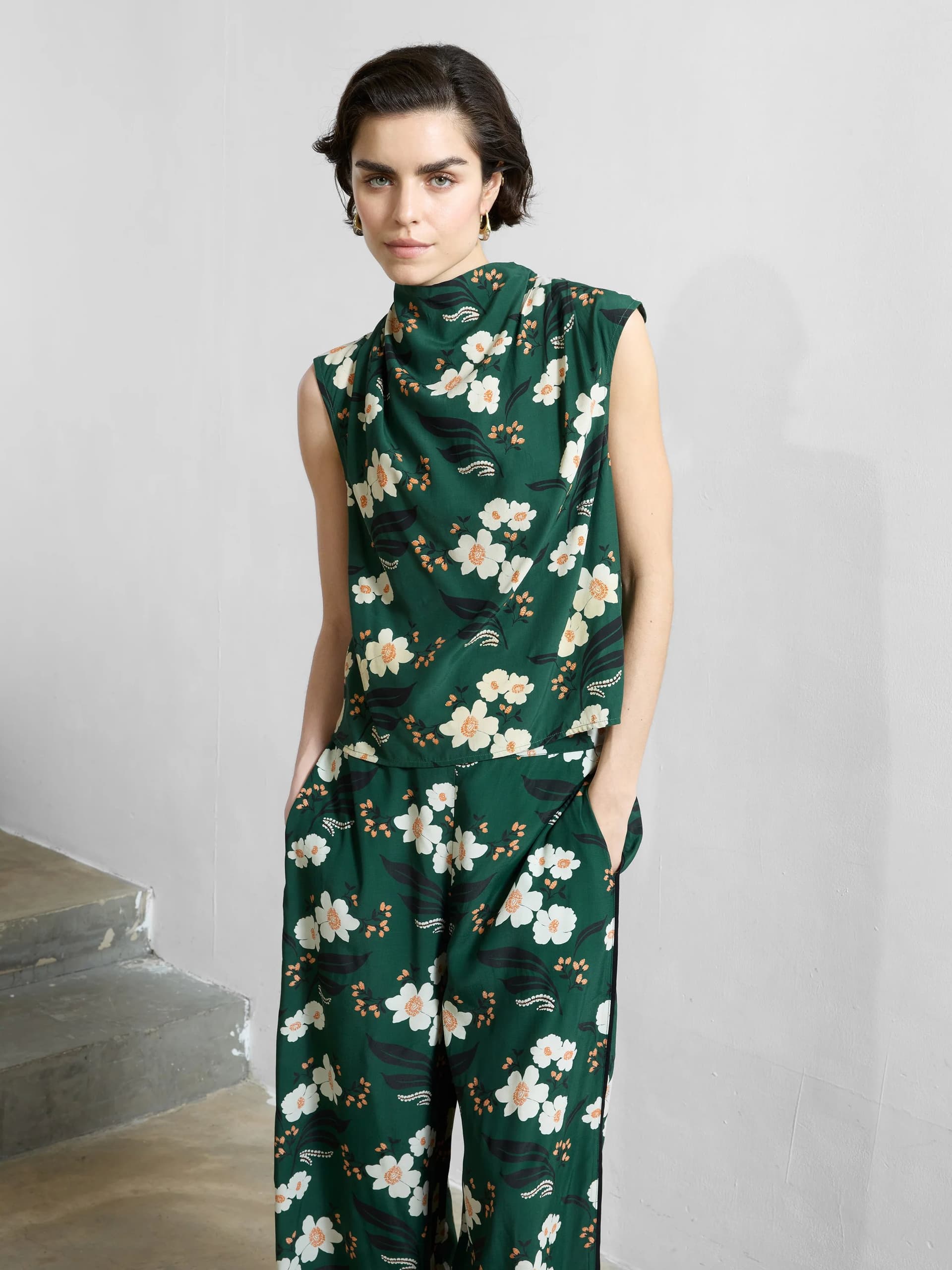 French Connection Rhian Eco Draped Sleeveless Top Jade Green Multi