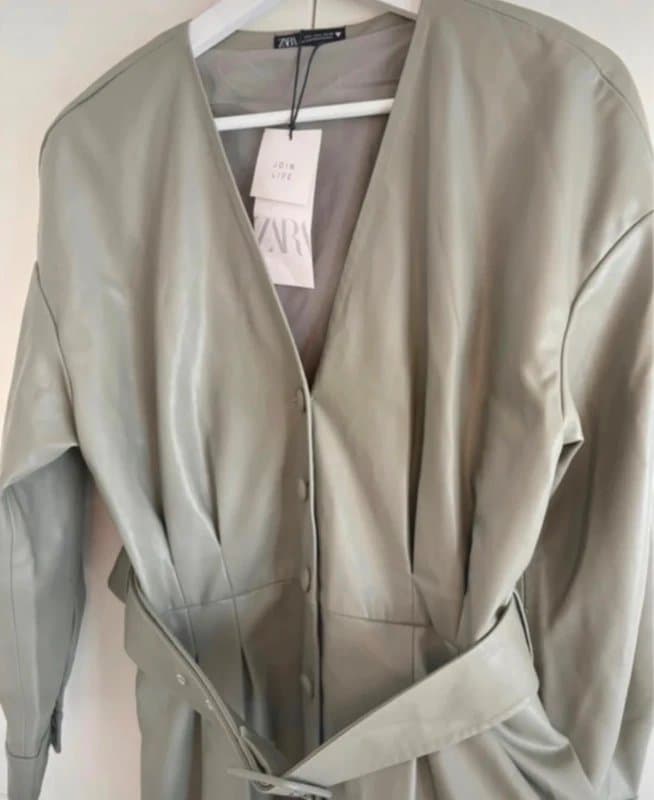 Zara Zara Faux Leather Belted Midi Dress / Coat Sage Green PVC Look Oversized V Neck L