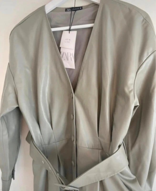 Zara Sage Green Faux Leather Midi Dress/Coat