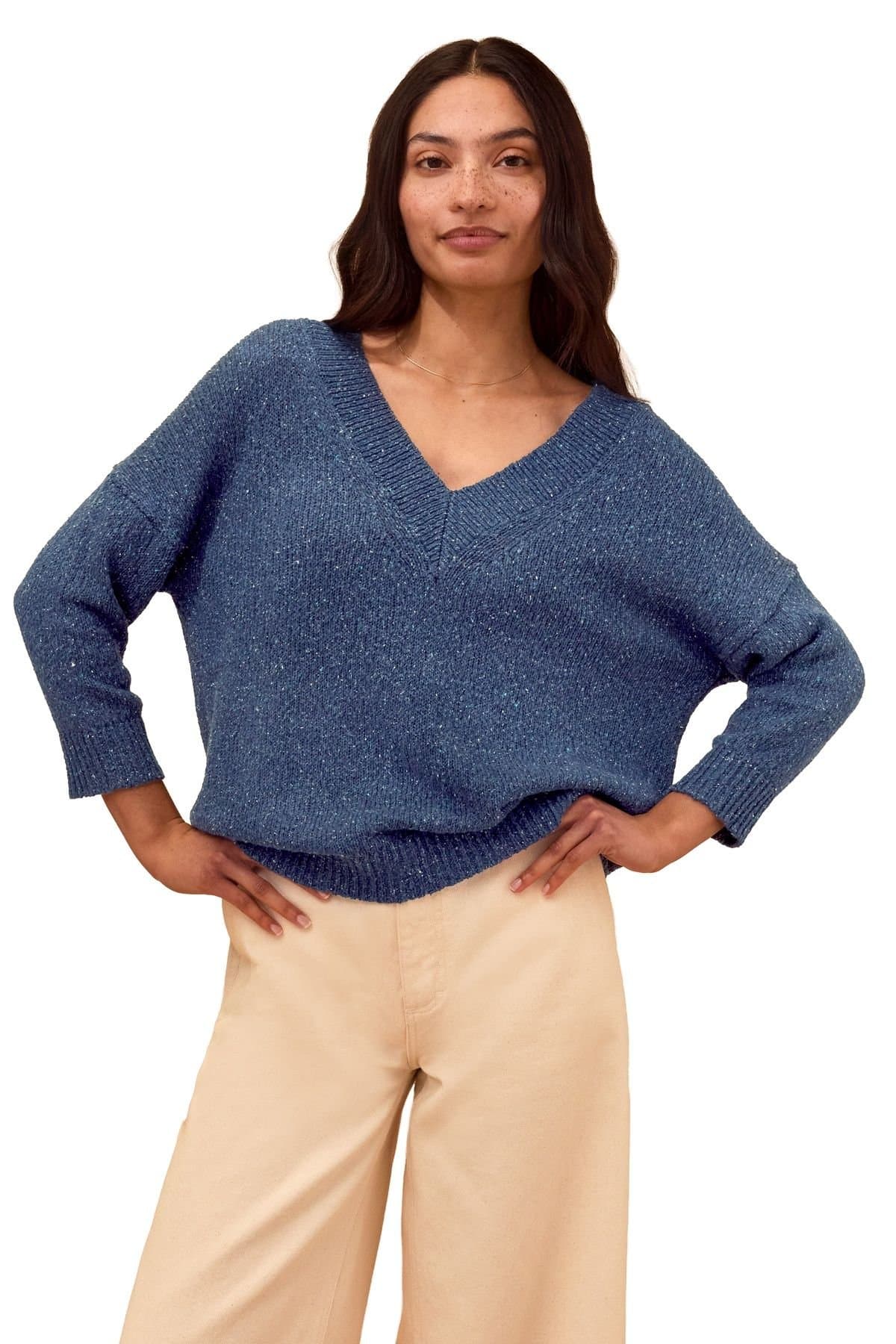 Celtic & Co Celtic & Co Women's Cotton Blend Flecked V-Neck Sweater in Dark Blue
