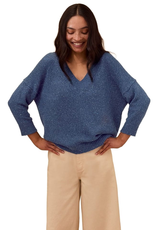 Celtic & Co Celtic & Co Women's Cotton Blend Flecked V-Neck Sweater in Dark Blue - 3