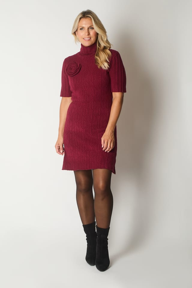 SOLO SOLO Women's Knit Turtleneck Dress with Rosette Detail in Wine - 2