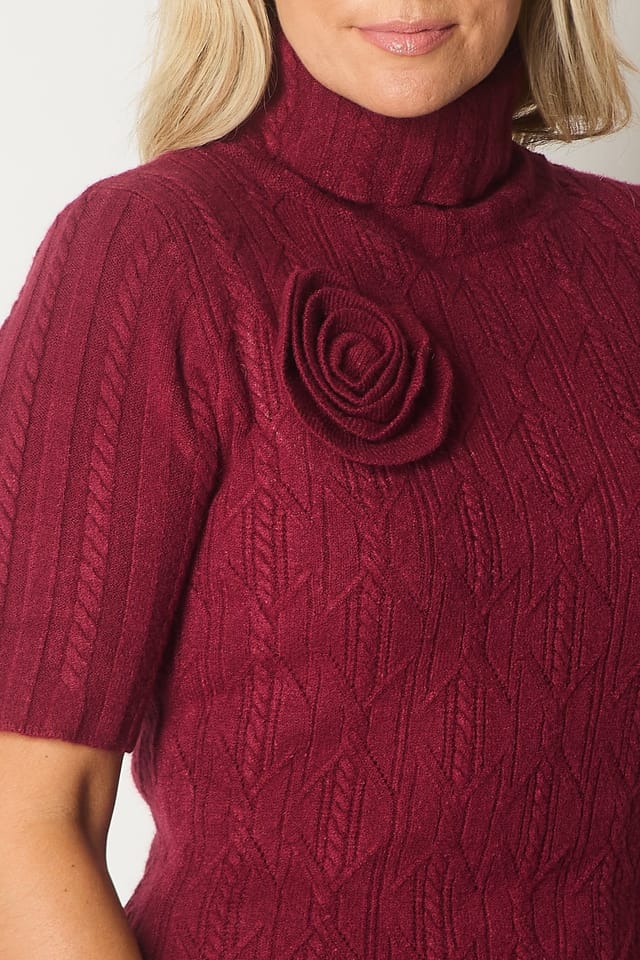 SOLO SOLO Women's Knit Turtleneck Dress with Rosette Detail in Wine - 3
