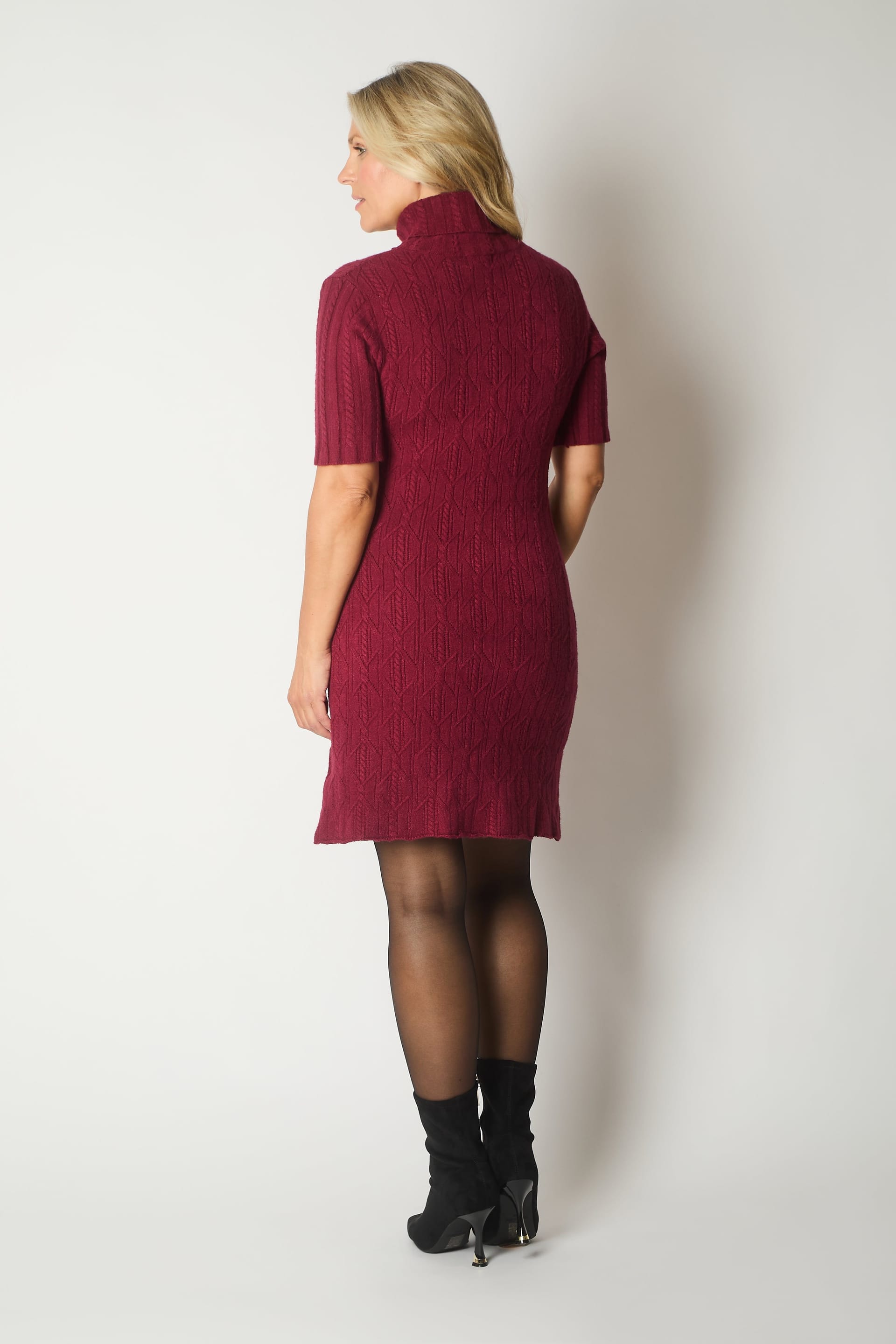SOLO SOLO Women's Knit Turtleneck Dress with Rosette Detail in Wine - 4
