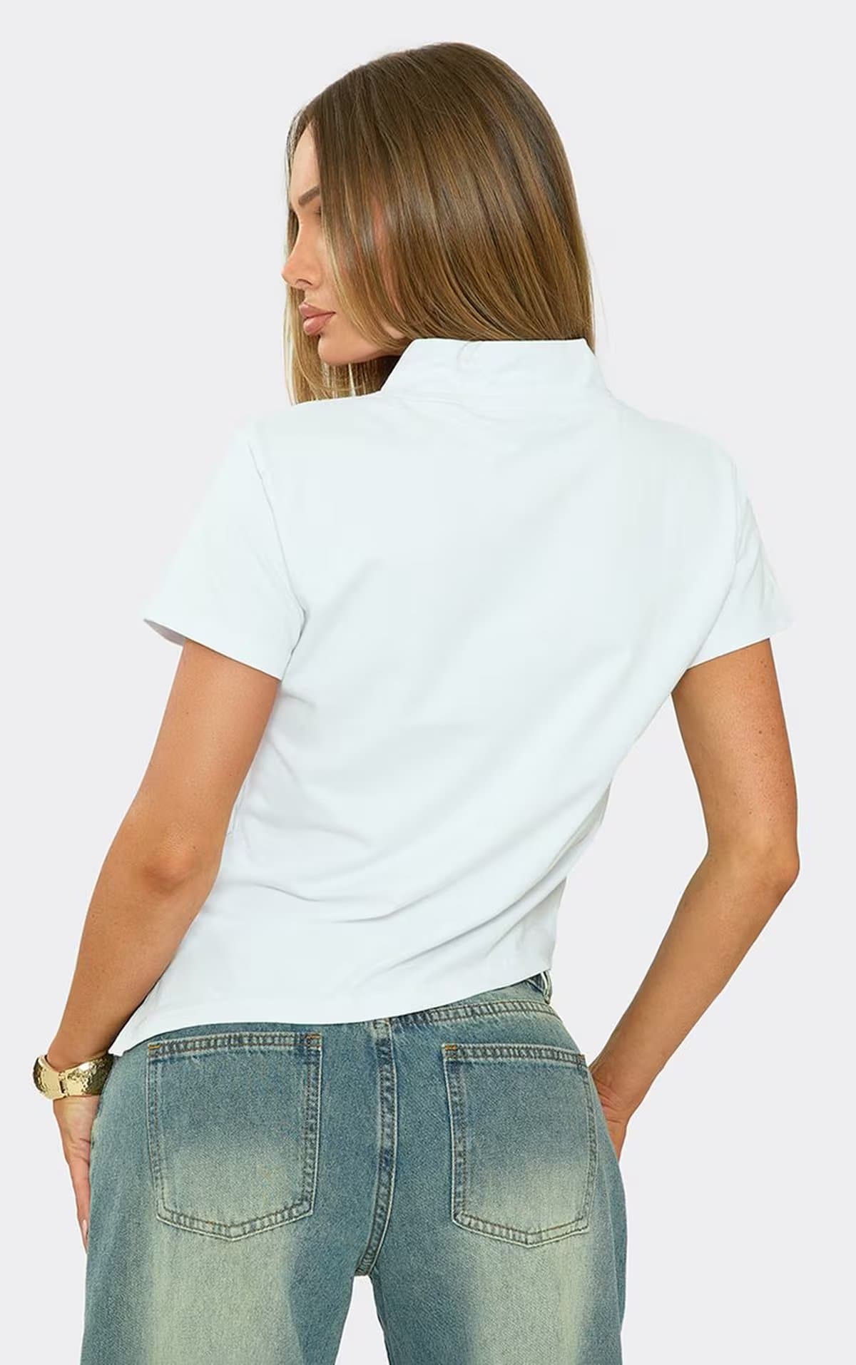 EGO Short Sleeve V Neck Asymmetric Hem T-Shirt In White, Women's Size UK 6