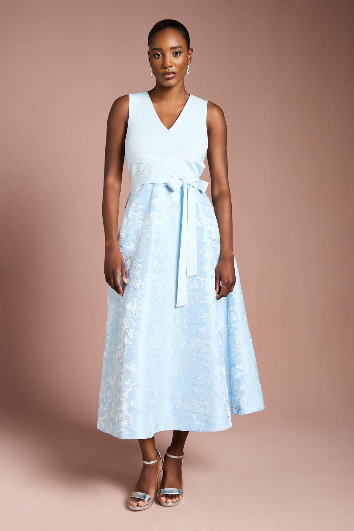 Coast Coast Women's Bandage Bodice Midi Dress with Jacquard Skirt in Light Blue