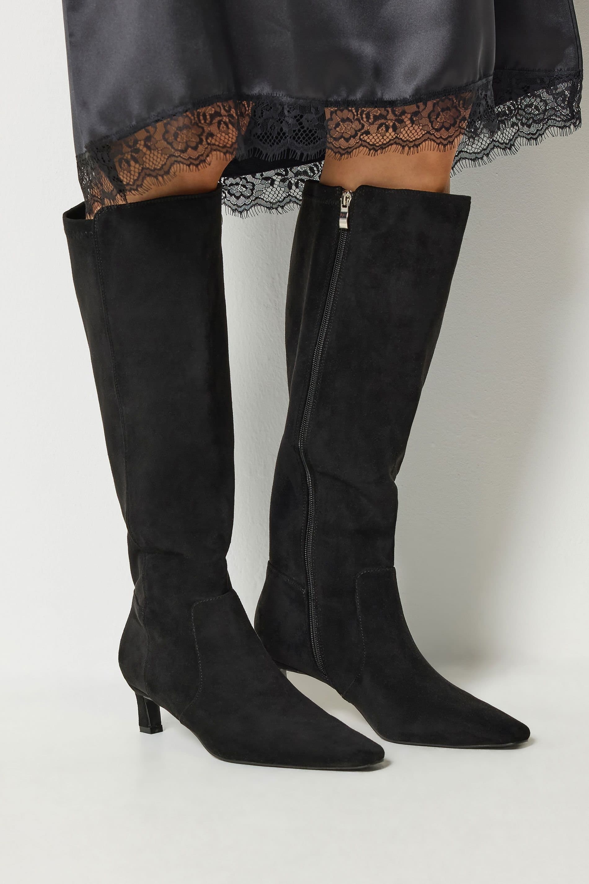Long Tall Sally Long Tall Sally Women's Kitten Heel Knee High Boots In Standard Fit in Black