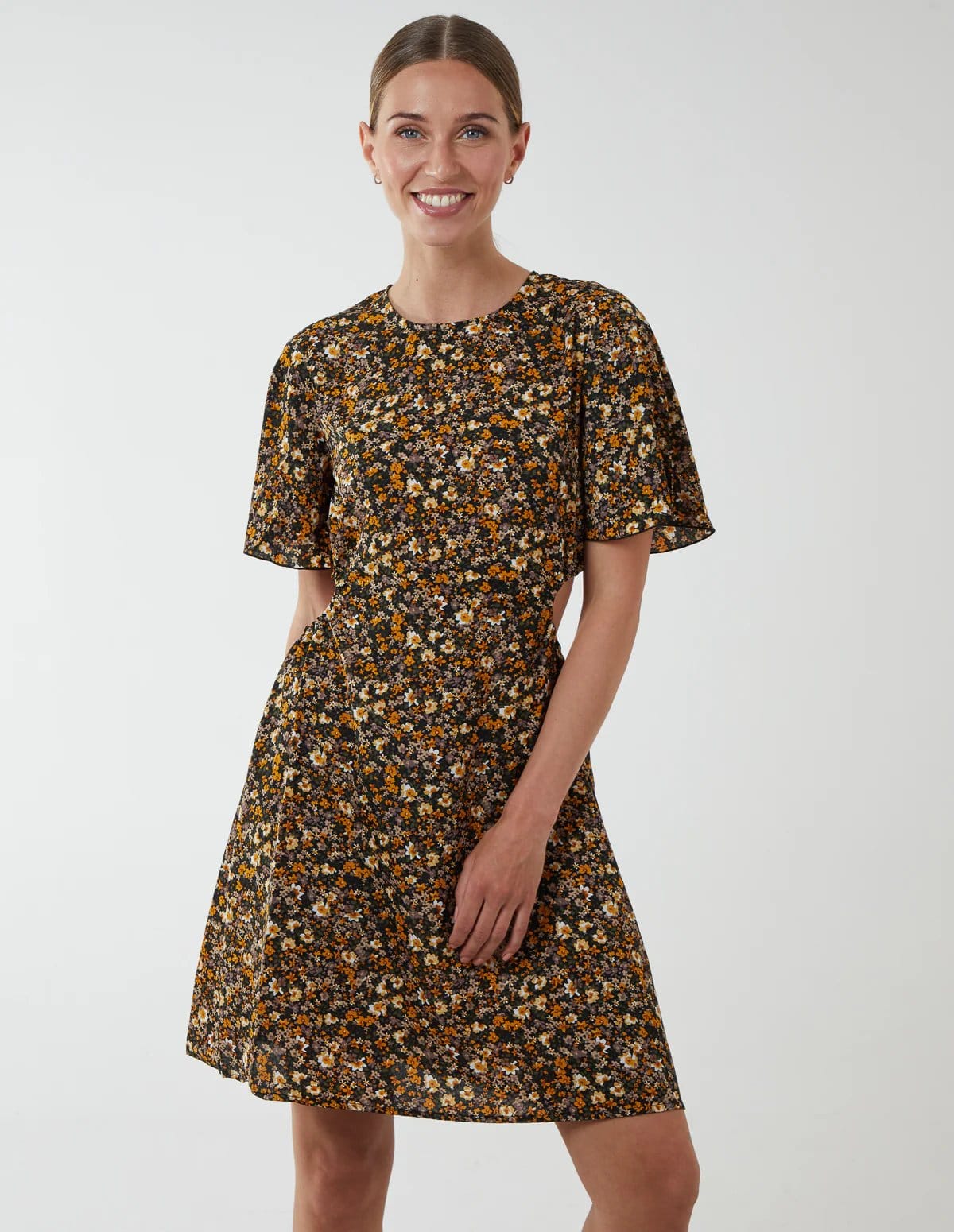Blue Vanilla Floral Print Crew Neck Dress - 1
