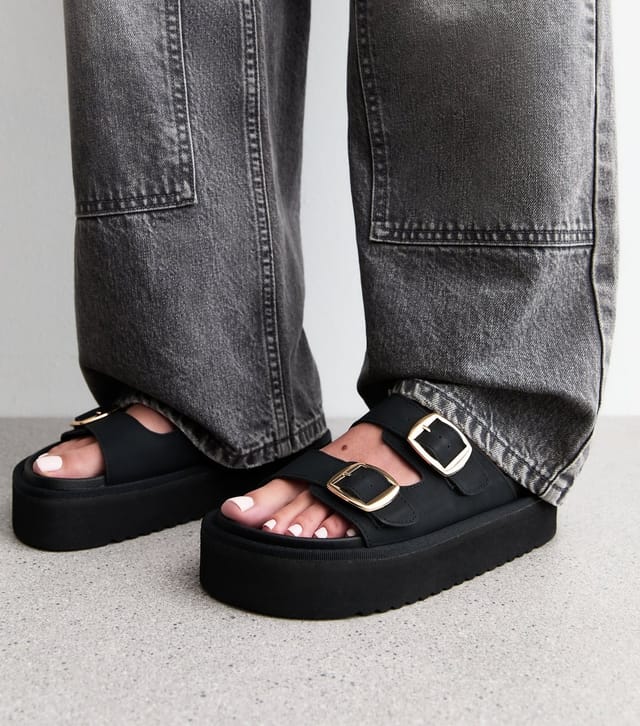 New Look Women's Black Faux Leather Flatform Sandals Vegan New Look - 2