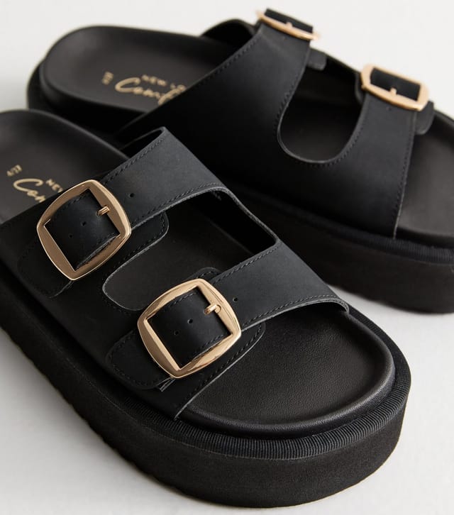 New Look Women's Black Faux Leather Flatform Sandals Vegan New Look - 3
