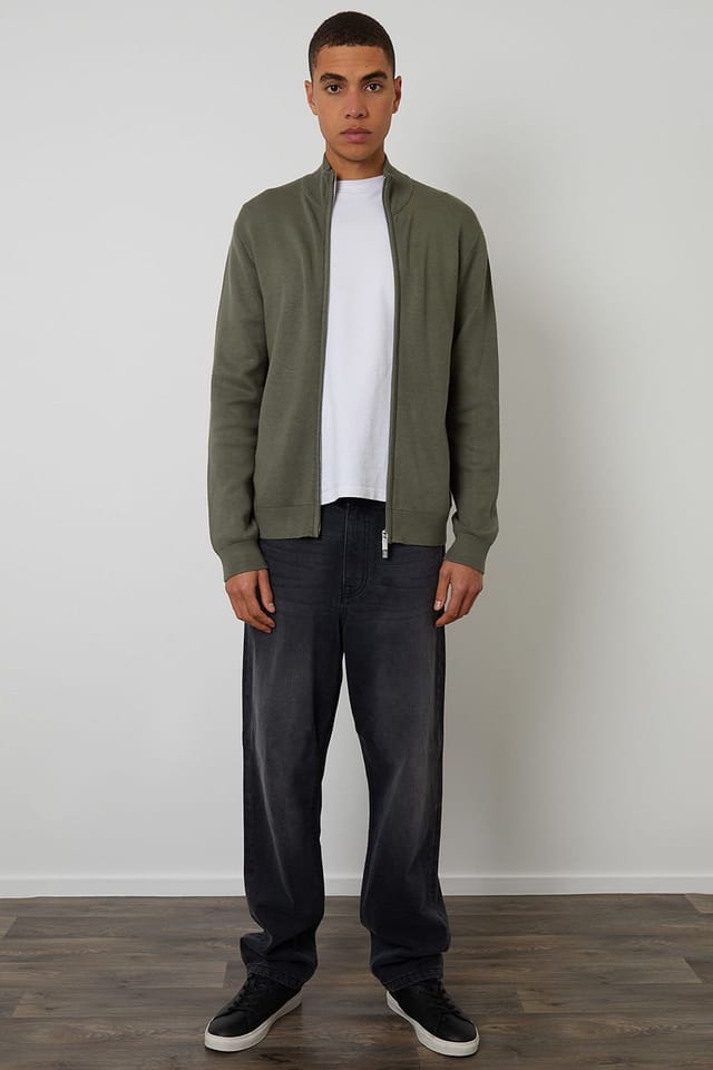 Threadbare threadbare Men's Zip-Through Funnel Neck Knitted Cardigan in Light Grey in Green - 3
