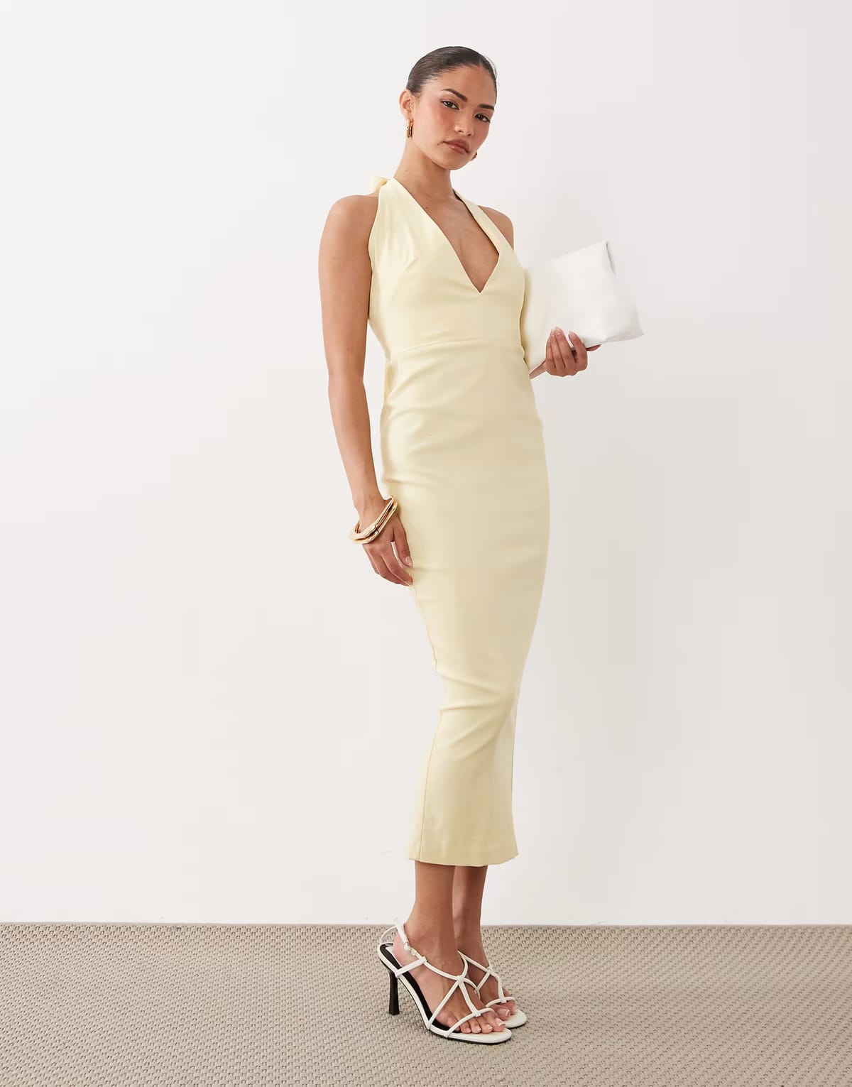 ASOS Vesper Petite bengaline scoop halterneck tie detail midi dress in yellow - 1