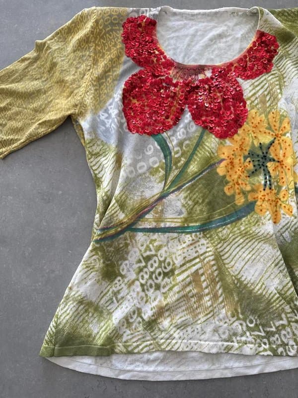 Vintage Dressing Y2K Italian Summer Green Artisitc Print Blouse - Red Sequin Collar - UK M