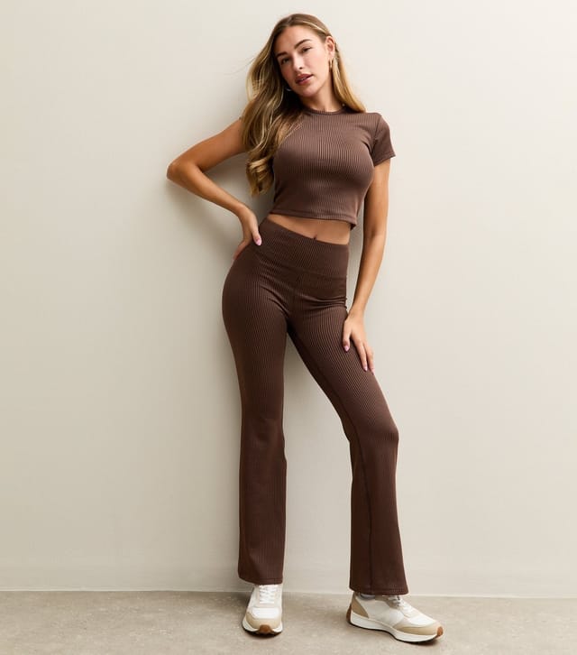 Rise Women's by Zara McDermott Brown Ribbed Flared Leggings Rise New Look - 2
