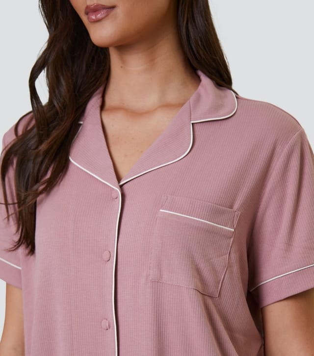 Loungeable Women's Pink Ribbed Shirt and Shorts Pyjama Set Loungeable New Look - 3