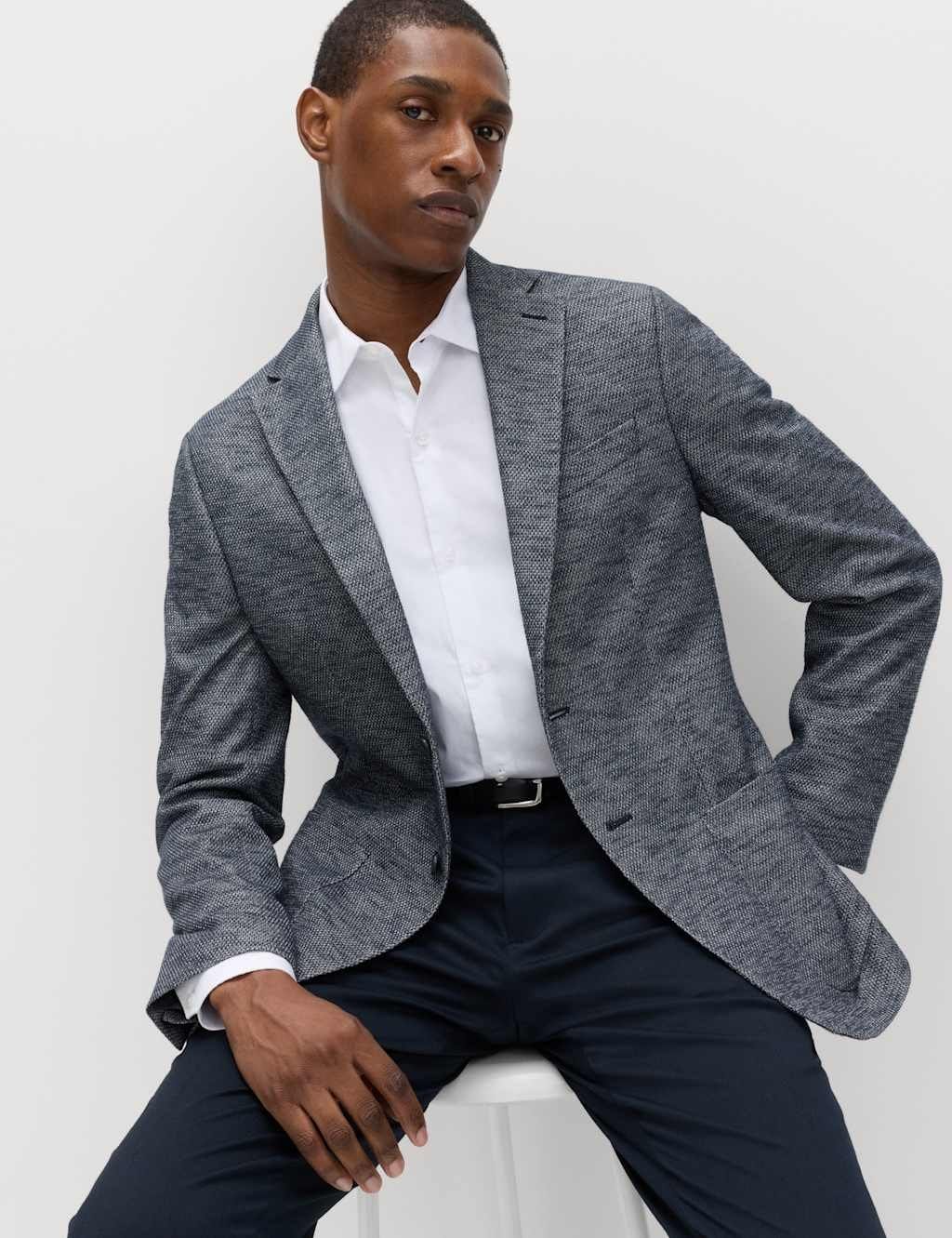 Marks & Spencer M&S Tailored Fit Textured Stretch Blazer Navy Mix - 1