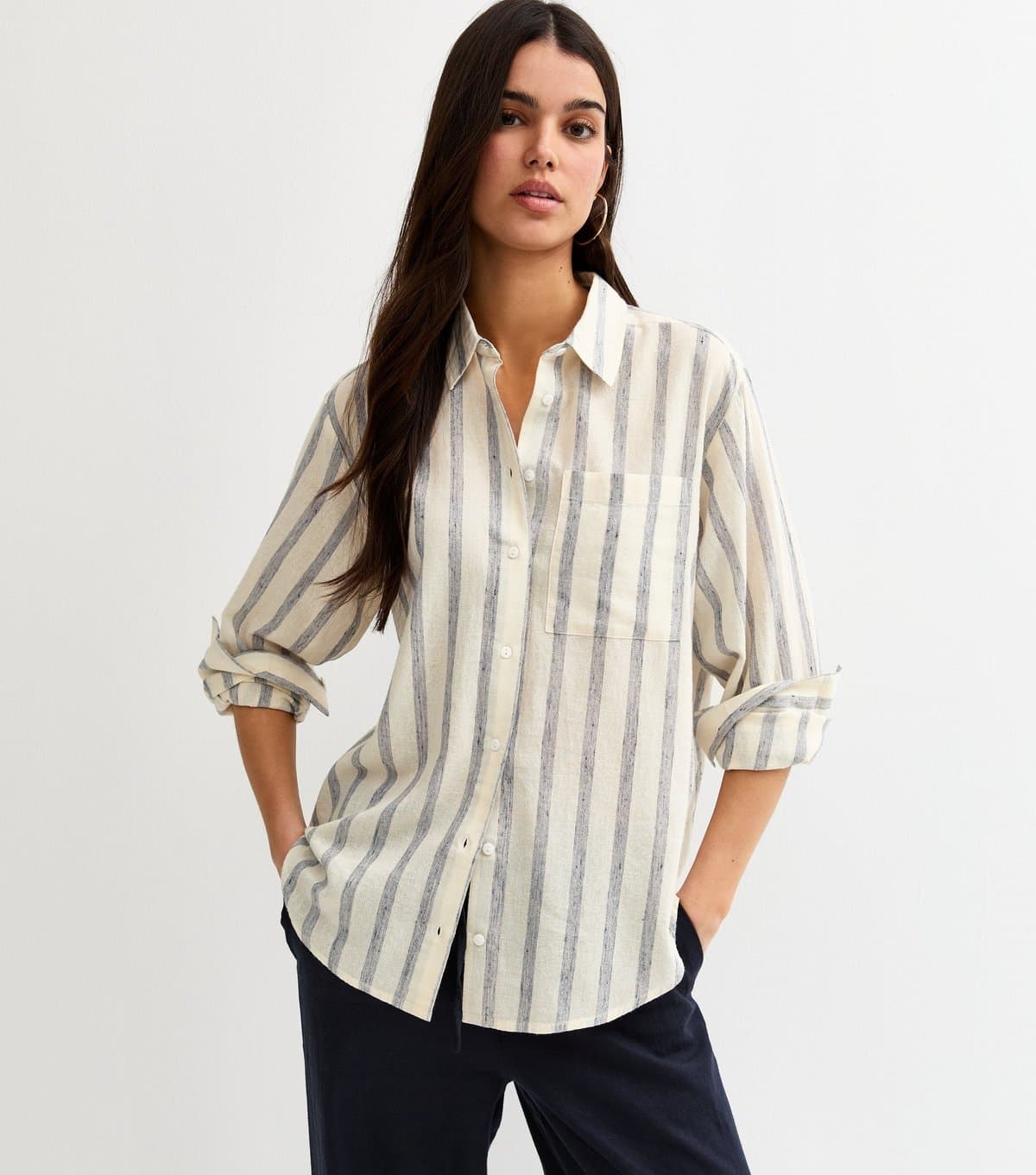 New Look Women's Cream and Blue Striped Long Sleeve Shirt New Look