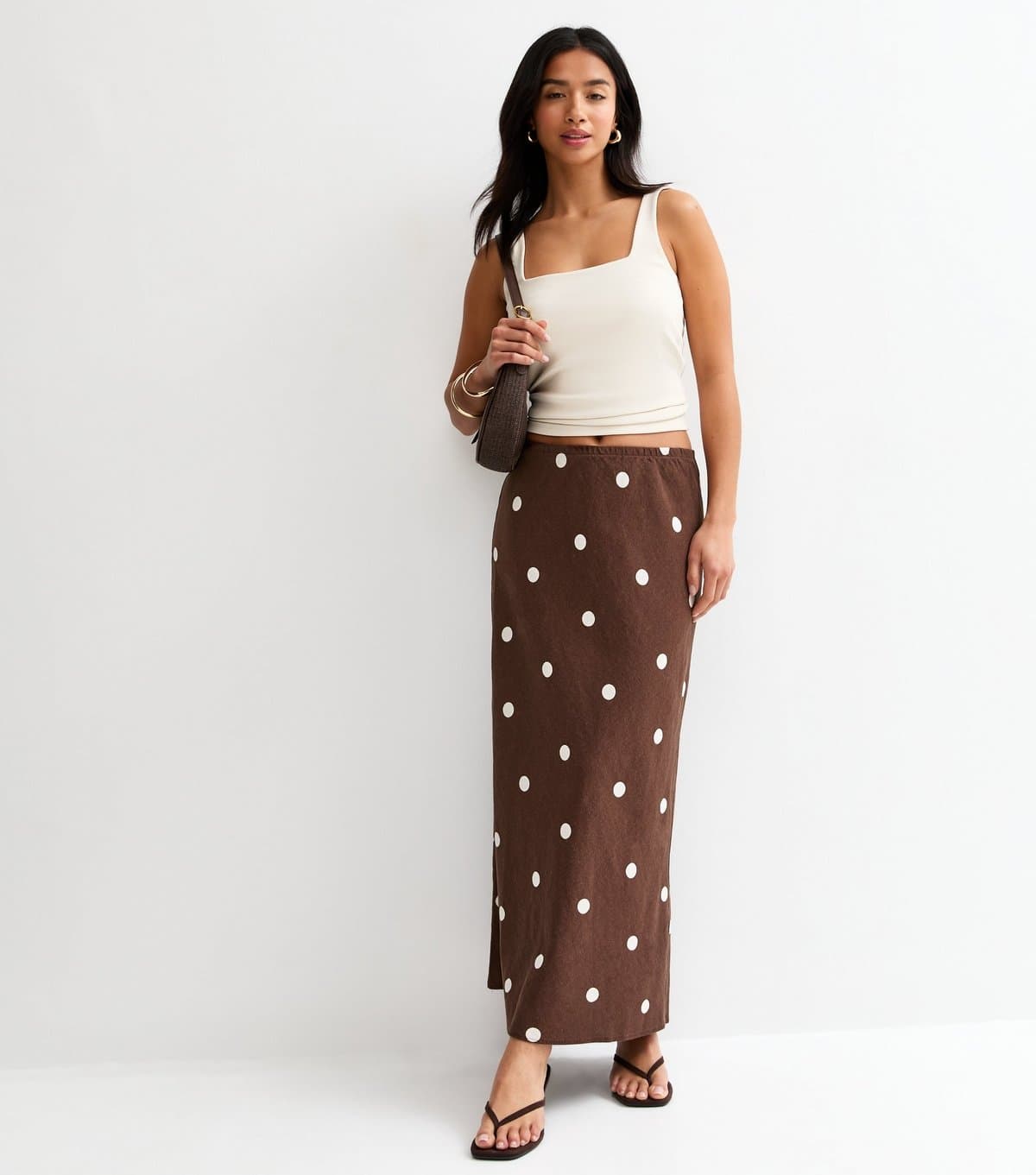 New Look Women's Petite Brown Linen Blend Polka Dot Bias Cut Midi Skirt New Look