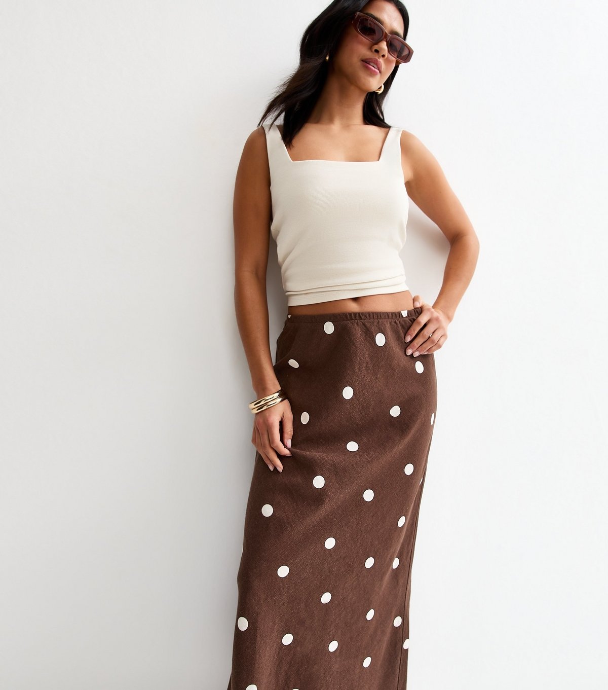 New Look Women's Petite Brown Linen Blend Polka Dot Bias Cut Midi Skirt New Look - 3