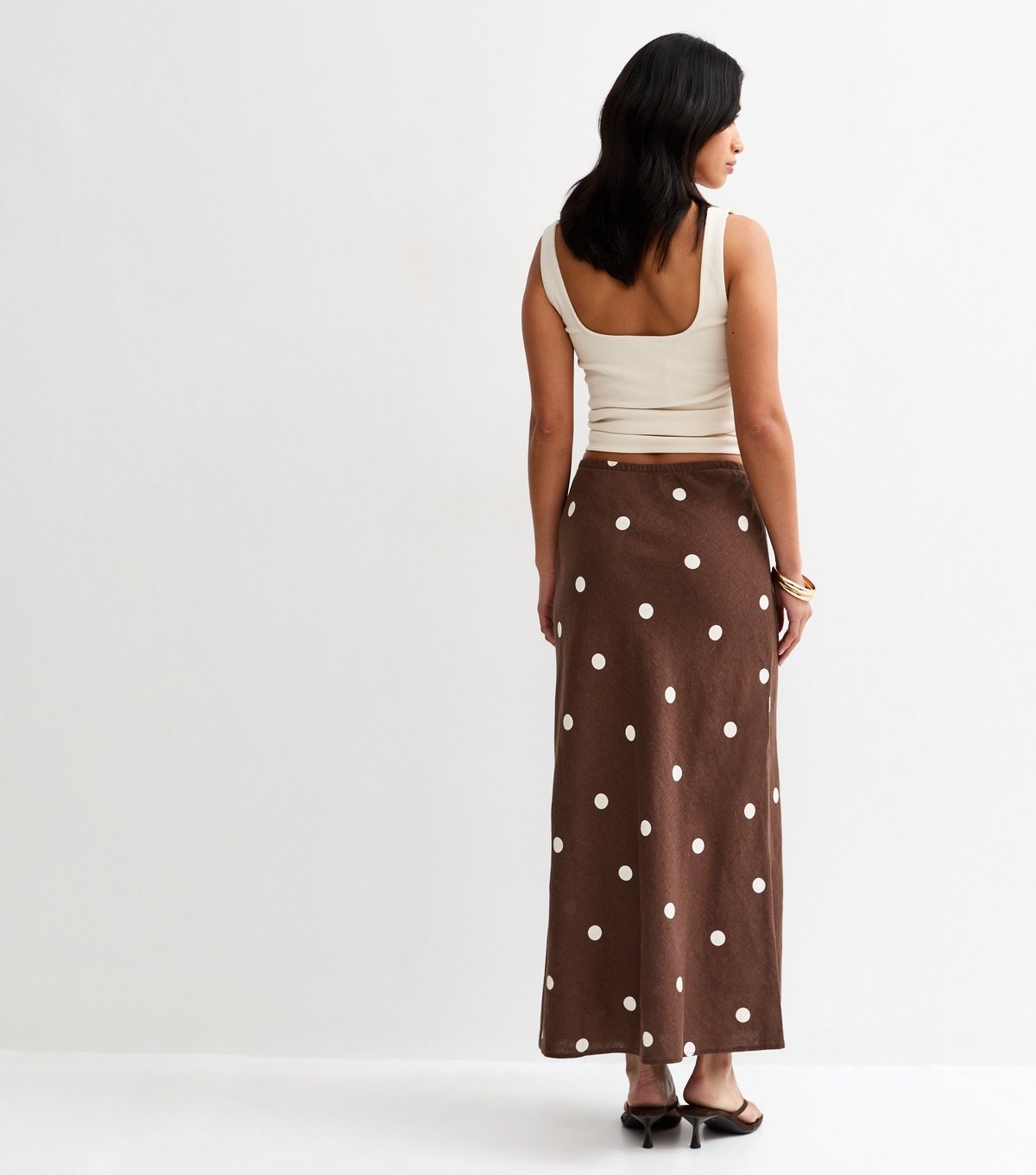 New Look Women's Petite Brown Linen Blend Polka Dot Bias Cut Midi Skirt New Look - 4