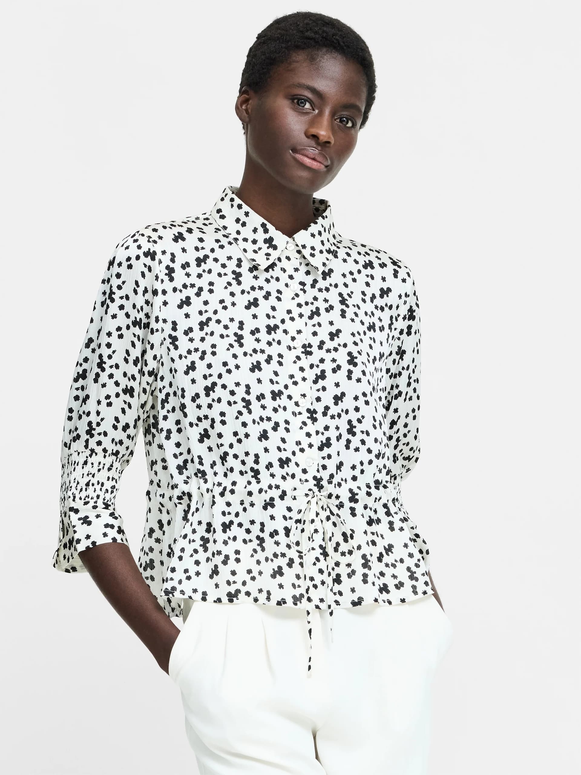 French Connection Harriet Monochrome Floral Tie Waist Top Porcelain Cream