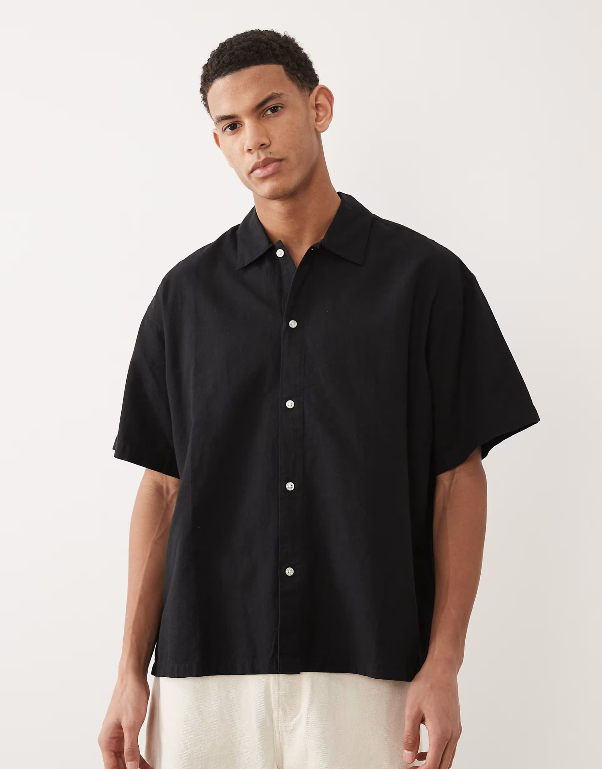 ASOS Jack & Jones oversize short sleeve linen blend shirt in black