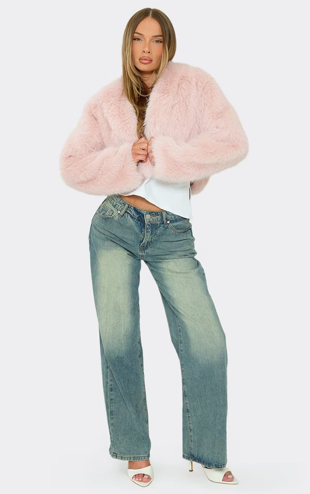 EGO Long Sleeve Collared Cropped Jacket In Pink Faux Fur, Women's Size UK 6