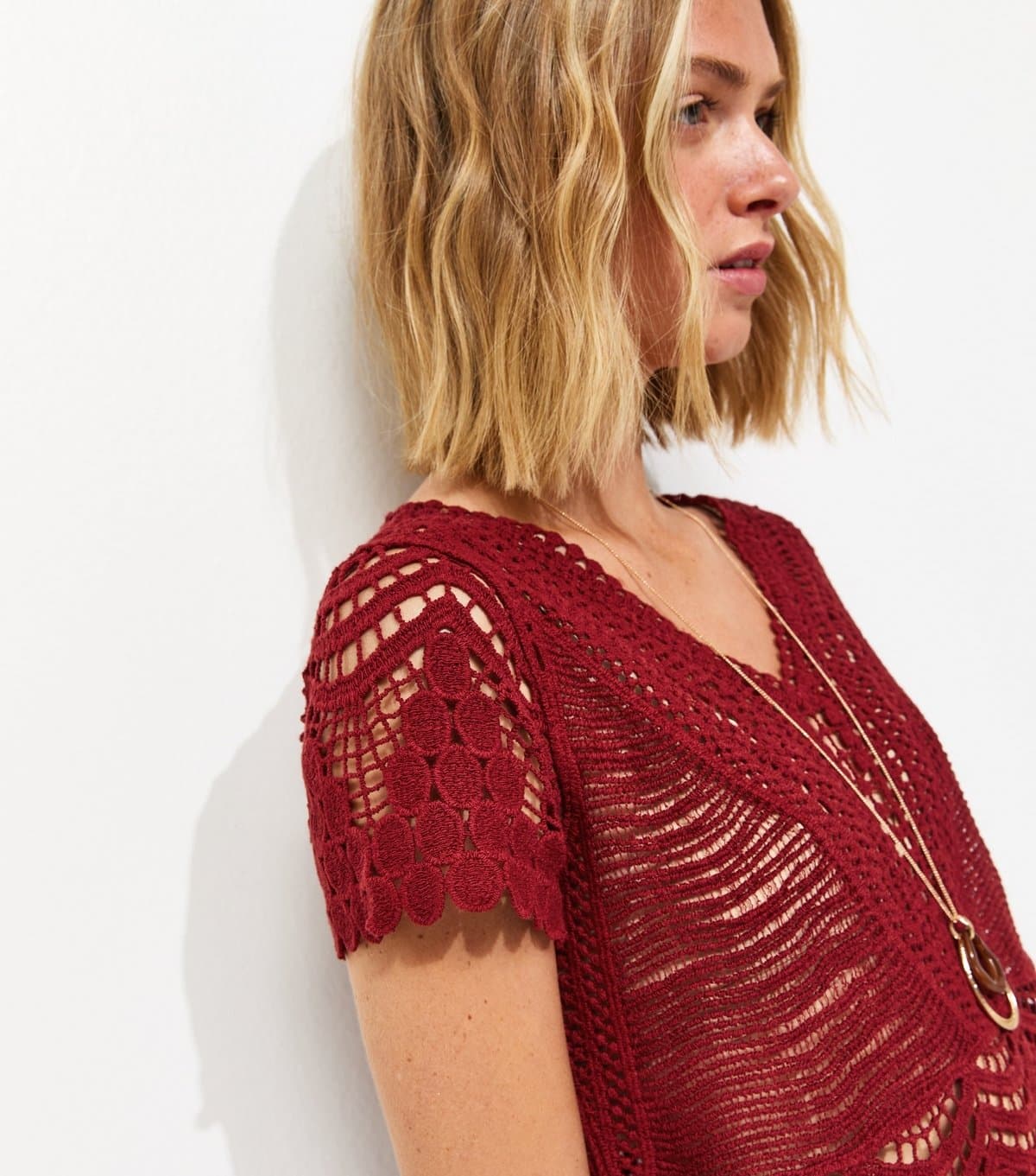 New Look Women's Rust Cotton Crochet V Neck Top New Look