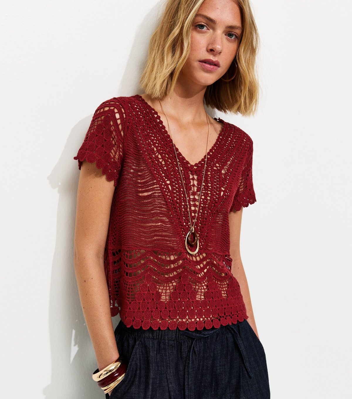 New Look Women's Rust Cotton Crochet V Neck Top New Look - 2