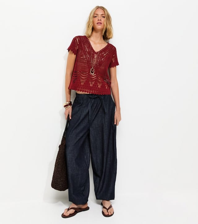 New Look Women's Rust Cotton Crochet V Neck Top New Look - 3