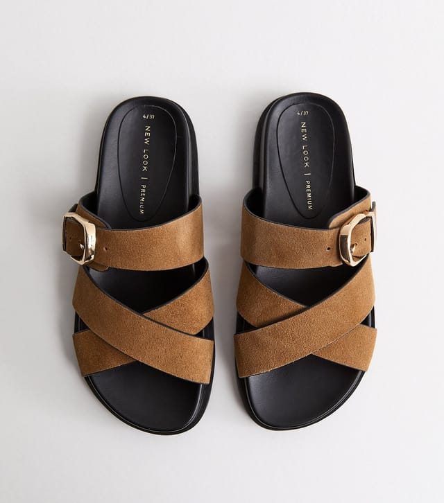 New Look Women's Premium Real Leather Tan Suede Cross Over Strap Flat Mule Sandals New Look - 2
