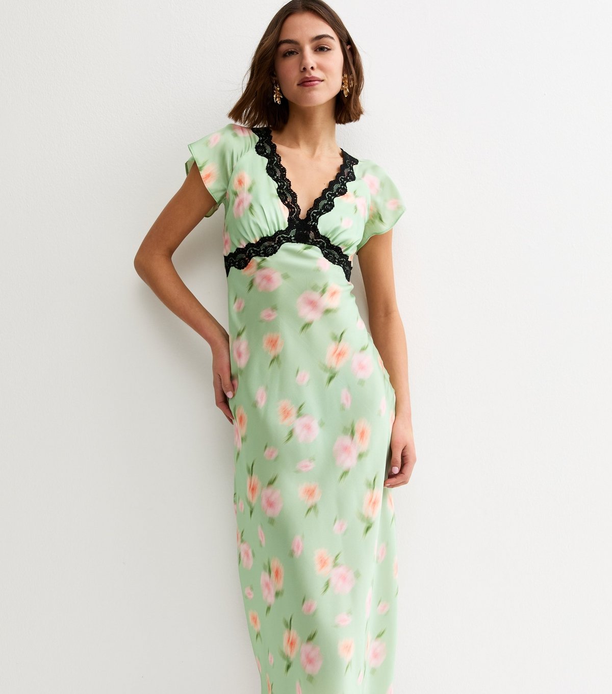 New Look Women's Light Green Blur Floral Lace Trim Midi Dress New Look - 3