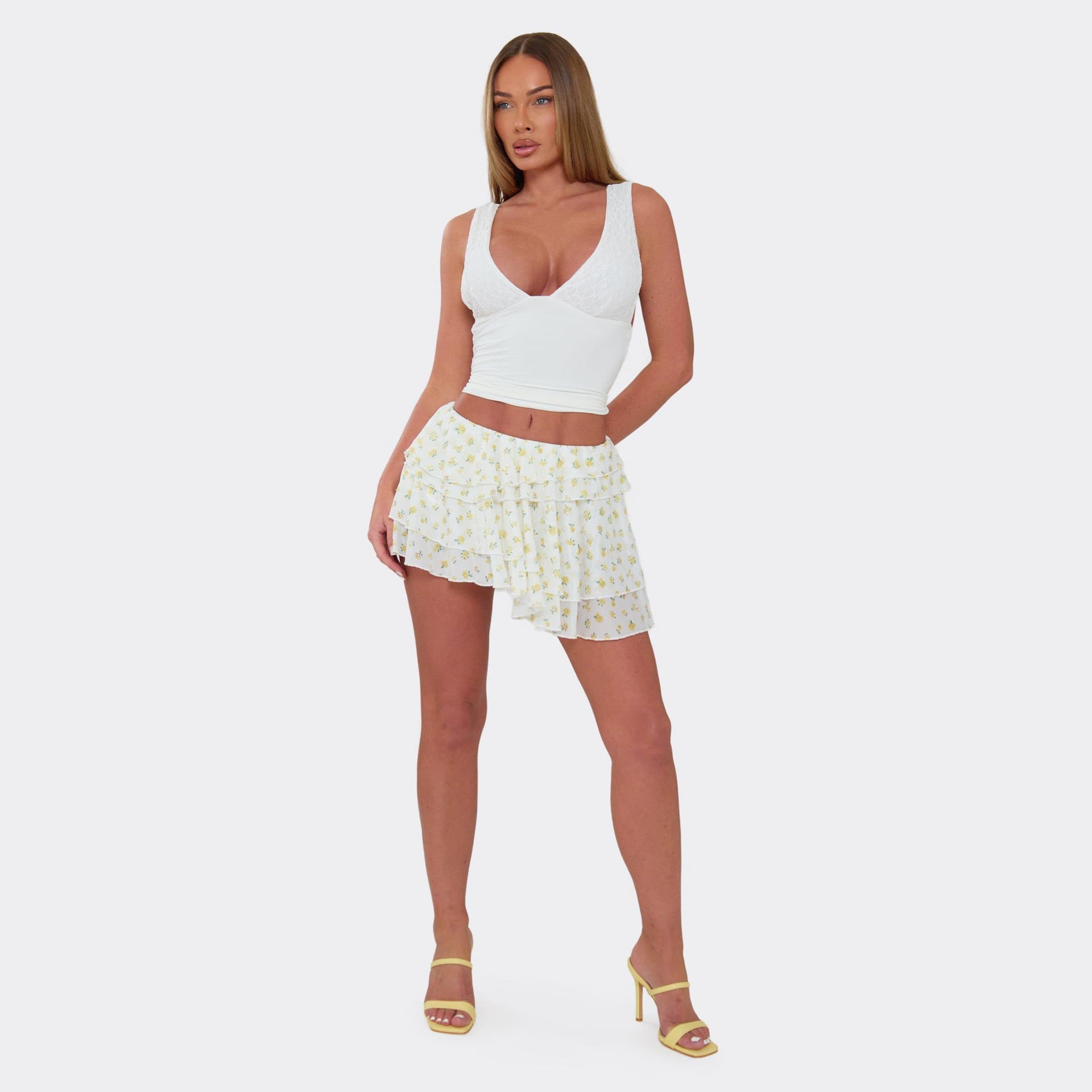 EGO Mid Rise Layered Frill Mini Skirt In Cream Floral Print, Women's Size UK 6
