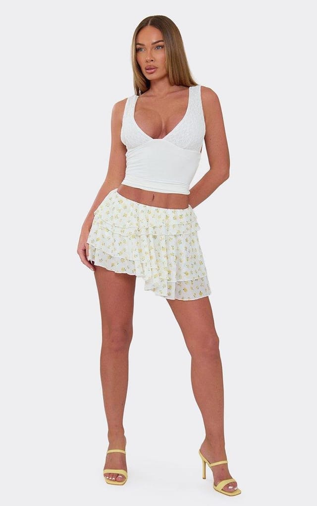 EGO Mid Rise Layered Frill Mini Skirt In Cream Floral Print, Women's Size UK 6 - 2
