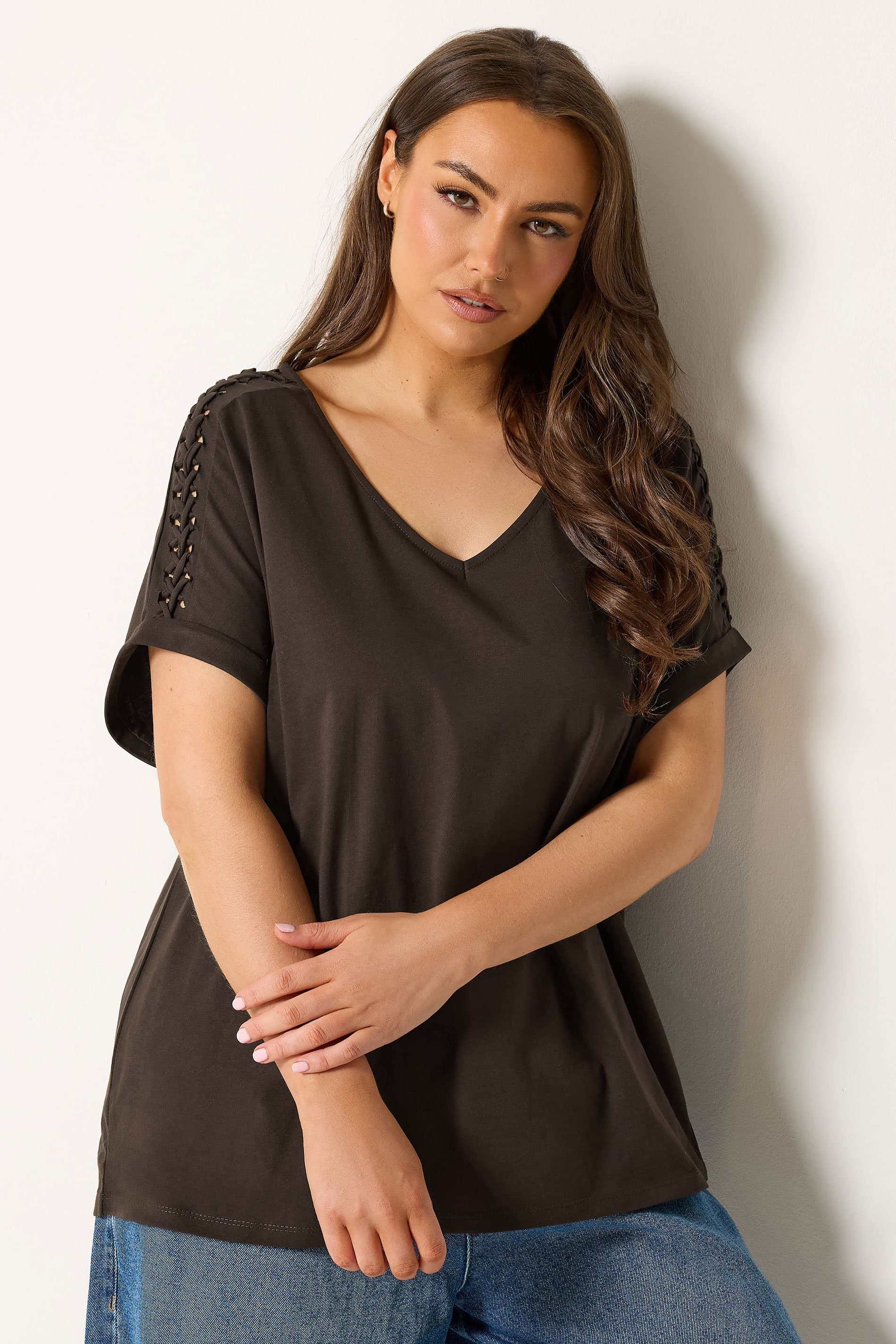 Yours Plus Size Brown Lattice Grown On Sleeve Tshirt