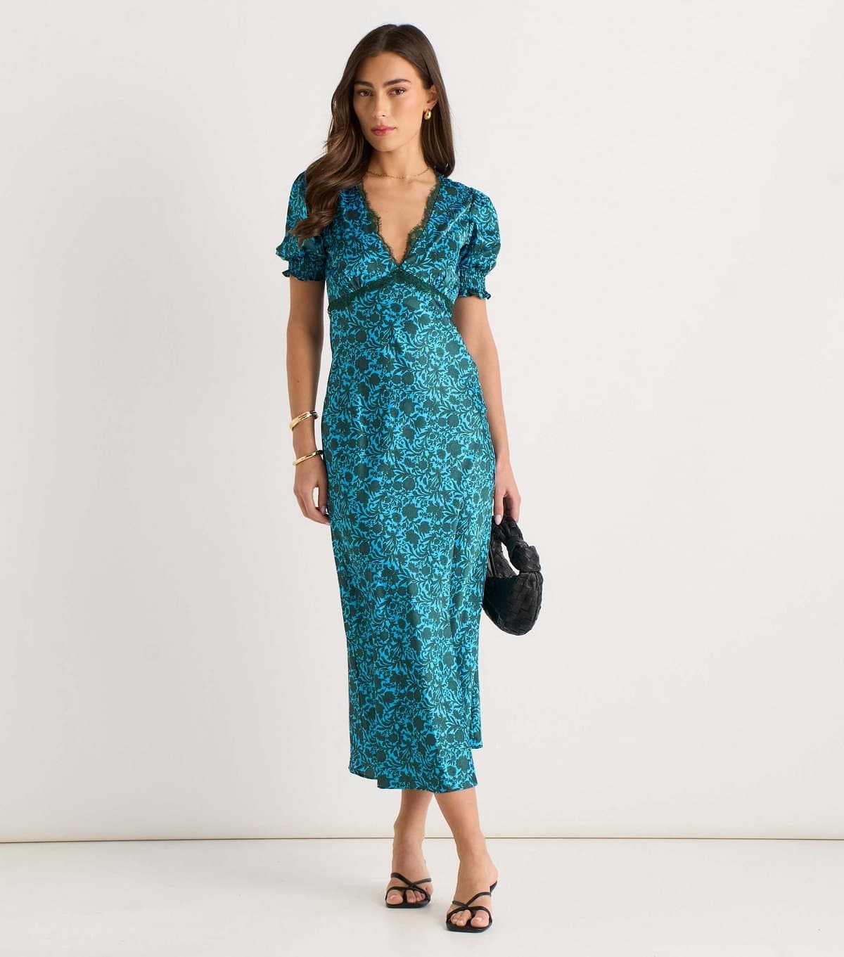 Gini London Women's Green Lace Trim Floral V Neck Midi Dress Gini London New Look