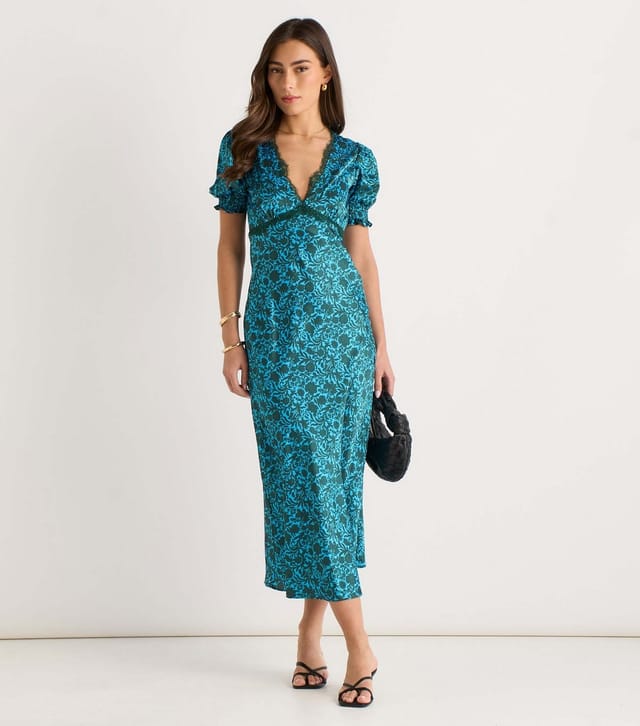 Gini London Women's Green Lace Trim Floral V Neck Midi Dress Gini London New Look - 2