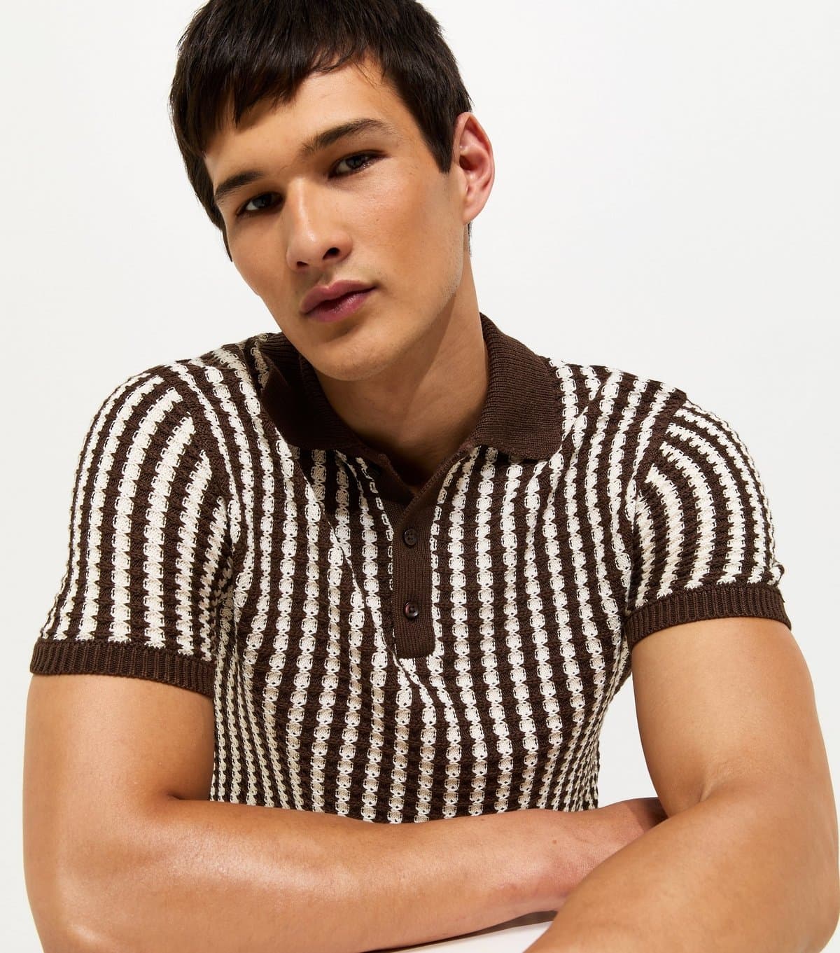 New Look Men's Brown Regular Stripe Texture Knit Button Polo Top New Look