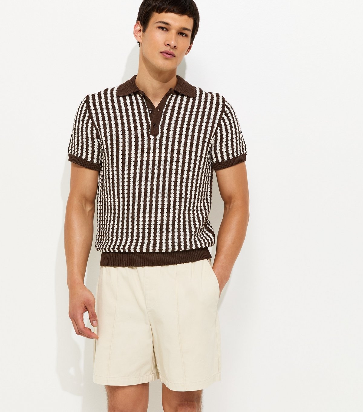 New Look Men's Brown Regular Stripe Texture Knit Button Polo Top New Look - 2