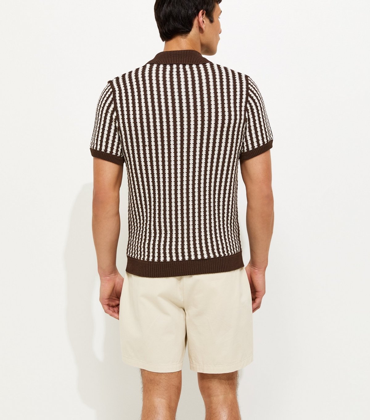 New Look Men's Brown Regular Stripe Texture Knit Button Polo Top New Look - 4