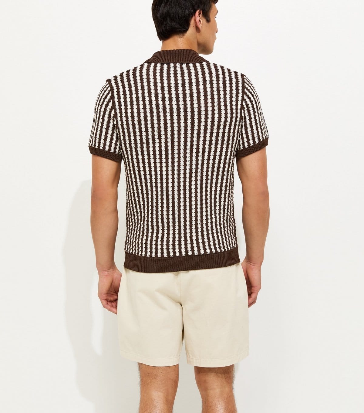 New Look Men's Brown Regular Stripe Texture Knit Button Polo Top New Look - 4