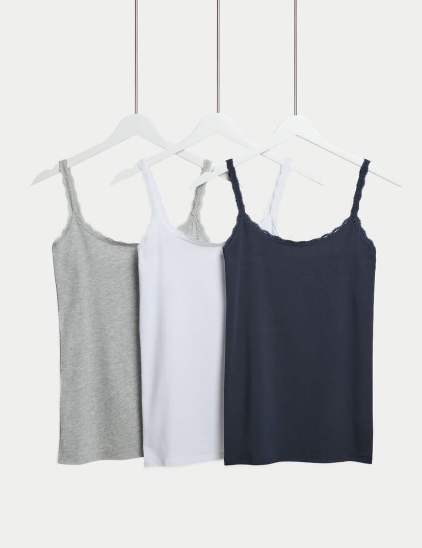 Marks & Spencer M&S 3pk Cotton Rich Lace Trim Vests Navy Mix - 1