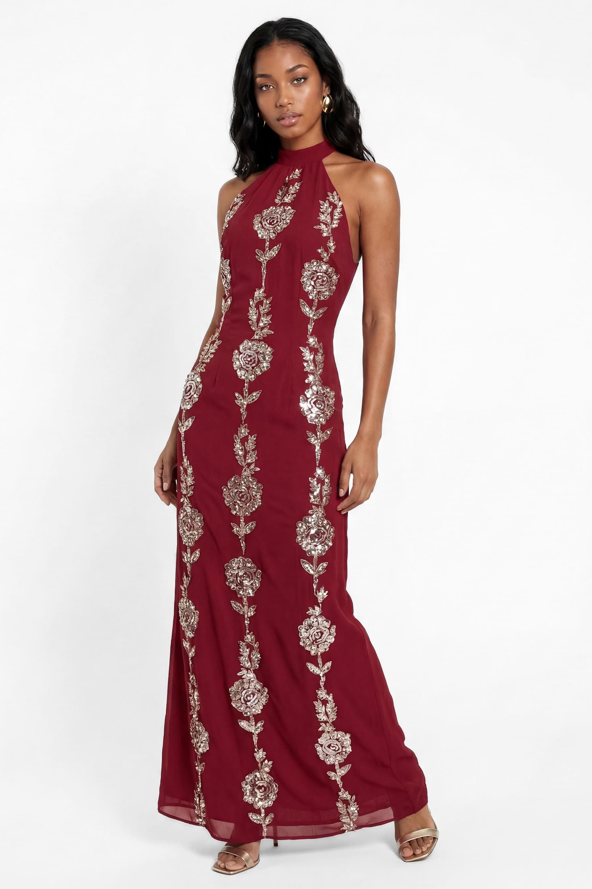 Maya Deluxe Maya Deluxe Women's Floral Embellishment Halter Neck Open Back Maxi Dress in Dark Red