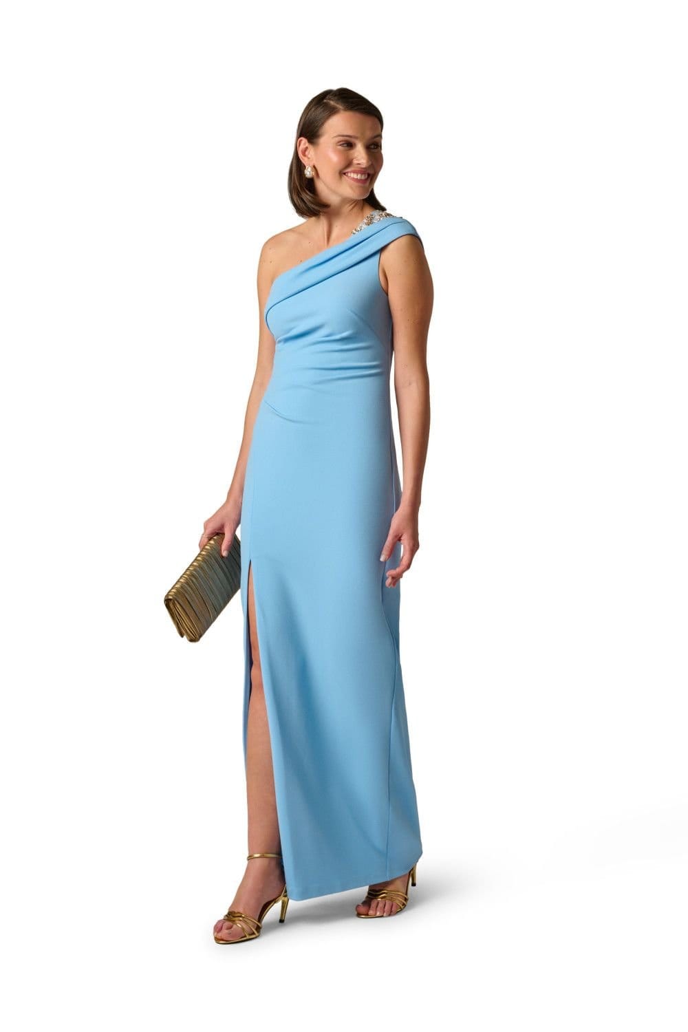 Adrianna Papell Blue One Shoulder Crepe Gown