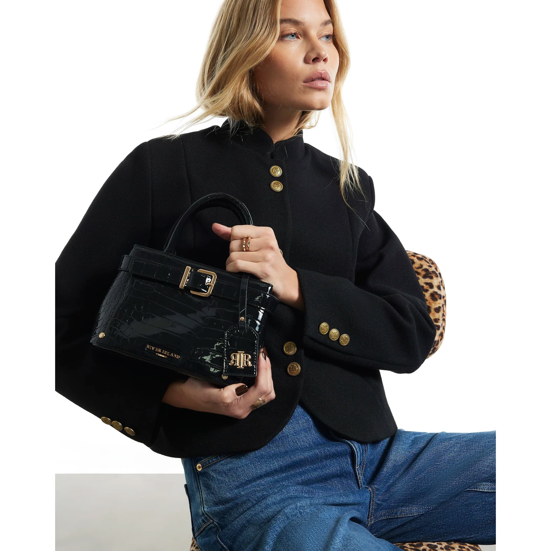 River Island River Island Womens Black Patent Belt Front Mini Tote Bag