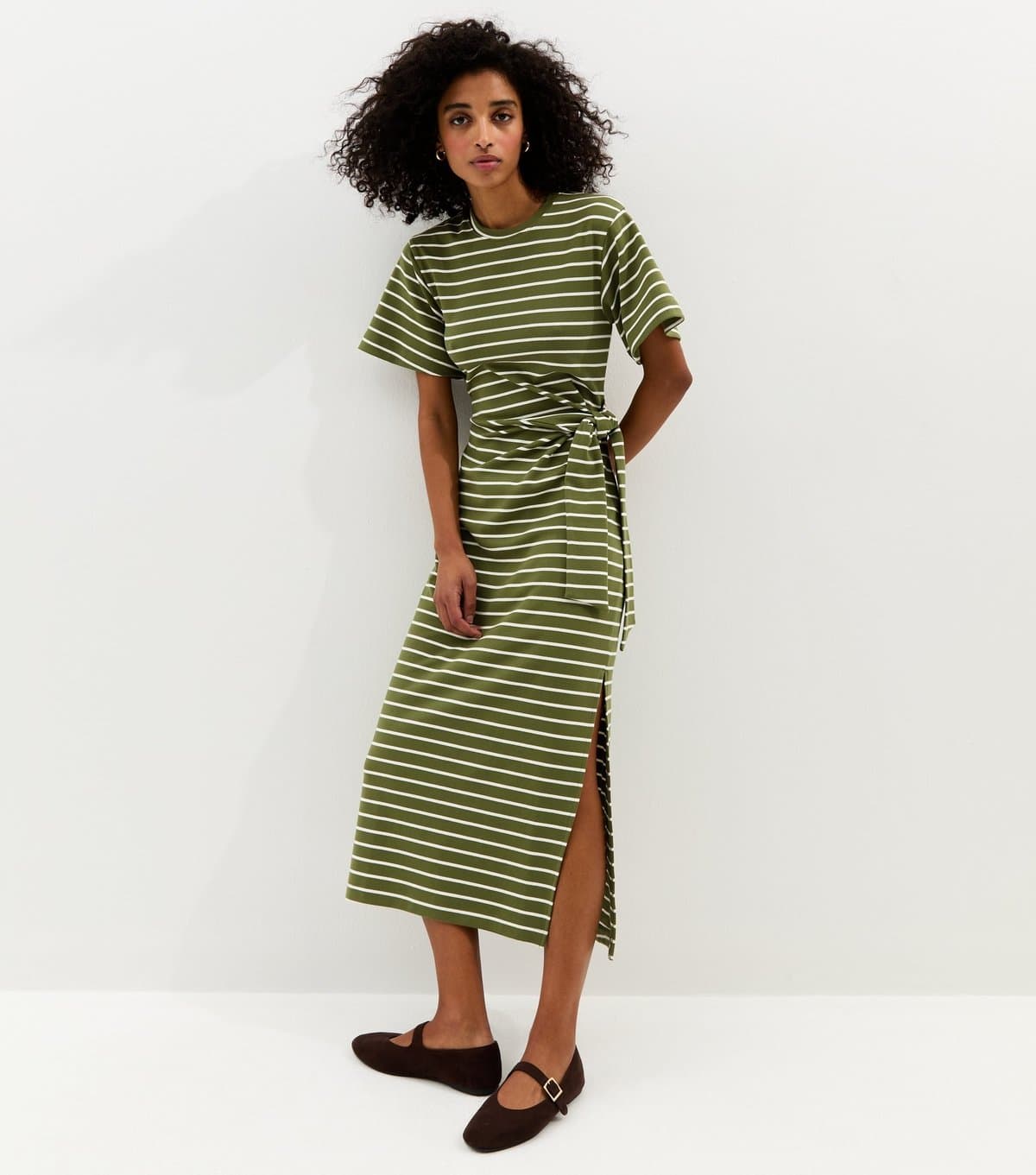 New Look Women's Green Stripe Tie Waist Midi Dress New Look
